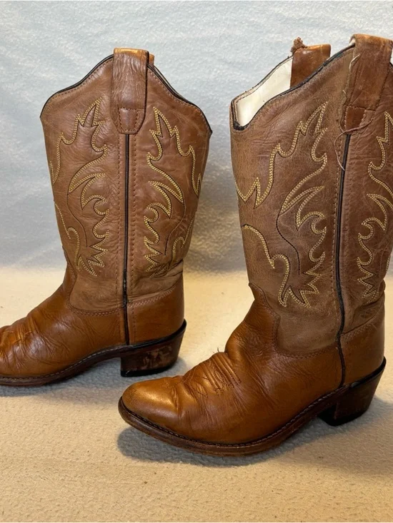 Old West Kids 11.5-D Tan Leather Cowboy Boots with Embroidered Shaft CF8229 - Picture 1 of 10